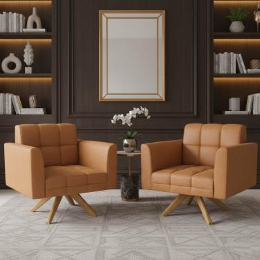 Imagem de Poltrona Sala Decorativa Kit 2 Elisa Giratória Castanho MA30 Sintético PU Whisky D03 - D'Rossi