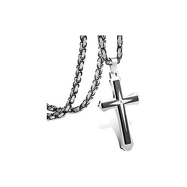 Imagem de Colar masculino de cruz de ouro preto com pingente de cruz 55 a 76 cm, corrente de cruz de aço para homens e mulheres, colar de cruz preta para homens, colares masculinos com diamantes pequenos (prata