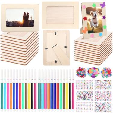 Imagem de SAYAYA Pacote com 53 porta-retratos kit de artesanato de madeira para fotos de 10 x 15 cm com 6 adesivos de zircão, 3 sacos de adesivos Eva, 24 canetas coloridas para artesanato DIY