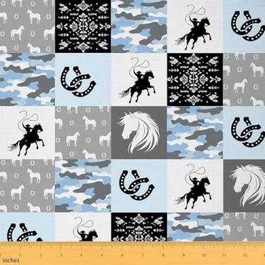 Imagem de Tecido caubói ocidental da The Yard Tecido xadrez camuflado azul cinza para suprimentos de costura Tribal Grid Tecido silhueta de cavalo ferradura para decoração de quarto e estofamento DIY 1 jarda