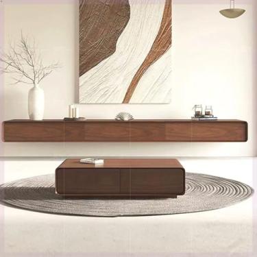 Imagem de Suporte de TV flutuante moderno com gavetas - console de mídia de entretenimento de madeira maciça, amplo espaço de armazenamento para sala de estar e quarto