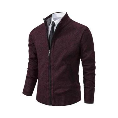 Imagem de Cardigã Masculino De Fleece Quente Com Zíper, Cor Sólida, Gola Alta, C