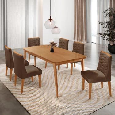 Imagem de Mesa De Jantar Copper 180cm Tampo Mdf Com 6 Cadeiras Eloise Veludo Marrom/naturalle/naturalle