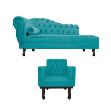 Imagem de Kit Diva Recamier Diana 120cm Lado Direito E 1 Poltrona Classic Suede - Amarena Móveis Cor Azul Turquesa