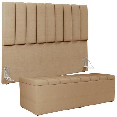 Imagem de Kit Cabeceira Cama Box Casal King 195cm Com Calçadeira Baú Dália W01 Linho Bege Escuro - Lyam