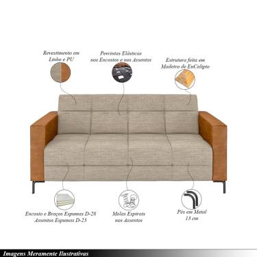 Imagem de Sofá Living Decorativo Houston 2 Lugares 160cm Pés em Metal Linho/PU Bege Escuro/Caramelo G33 - Gran Belo