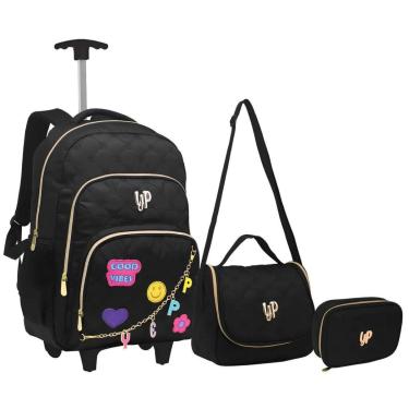 Imagem de Kit Mochila Rodinha Lancheira Estojo Box Juvenil Feminina Preto Vibes Yepp-Feminino
