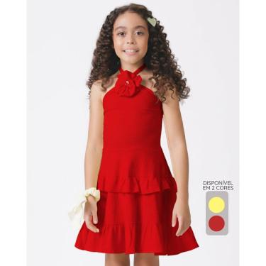 Imagem de Vestido enrugado com flor verão fofo leve confortável - Amarelo e Vermelho - Menina 4 a 14 anos-Feminino