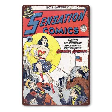 Imagem de Pôster de quadrinhos vintage da Mulher Maravilha com decoração de parede com letreiro de estanho 20x30cm