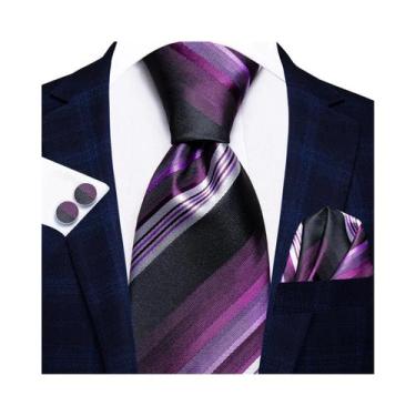 Imagem de Conjunto De Gravata Masculina Com Listras Florais Roxas, Lenço De Bols