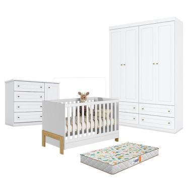 Imagem de Quarto De Bebê Americano 4 Portas Com Berço Americano Mini Cama Fantasia Branco Acetinado - Qmovi - Henn E Colchão Gazin