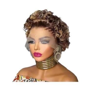 Imagem de Peruca De Cabelo Humano Cacheado Pixie Cut Bob Com Renda Frontal, Dens