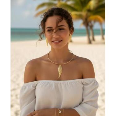 Imagem de Conjunto Colar Choker Peixe Praia Bijuteria Moderna Cor:Dourado - Deus