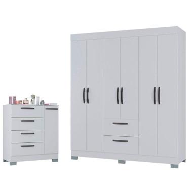 Imagem de Cômoda 868 4 Gavetas E 1 Porta Com Guarda Roupa Casal Tóquio 6 Portas Branco Brilho - Poquema