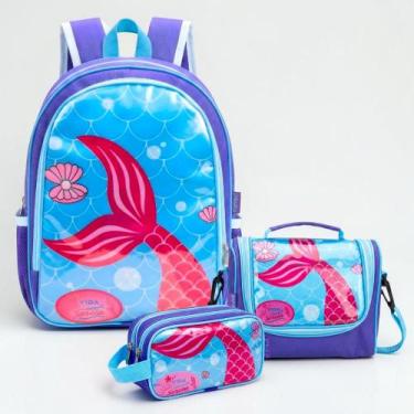 Imagem de Kit Mochila Escolar Sereia Juvenil Infantil Feminino + Lancheira Trans