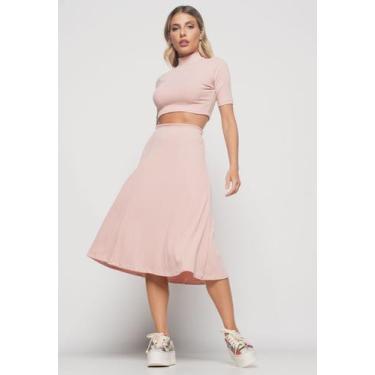 Imagem de Saia Midi Godê Canelada Rosa Claro Salvatore, Rosa, G