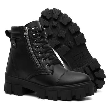 Imagem de Bota Feminina Tratorada Preta Cano Curto Coturno Casual Com Zíper Lateral Sola Alta Con...
