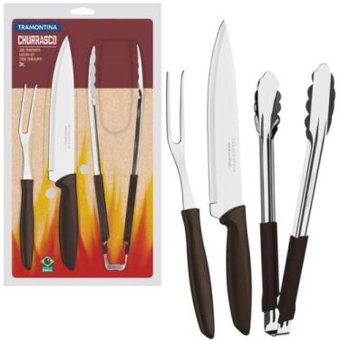 Imagem de Jogo Churrasco Barbecue Inox Garfo Faca Pegador Completo Marrom - TRAM