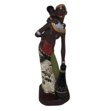 Imagem de Boneca Africana Estatueta Mulher Negra com Filho Enfeite Decorativo Re