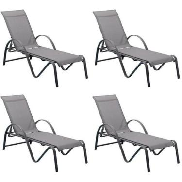 Imagem de Kit 4 Espreguiçadeiras Chaise Outdoor Búzios Amêndoa Tela Bege e Grafi