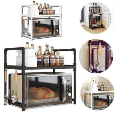 Imagem de Rack Organizador de Cozinha Duplo Suporte para Micro-ondas Prateleira Multiuso Plástico e Metal Preto
