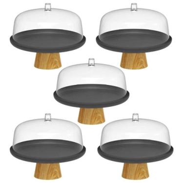 Imagem de Kit 5 Boleiras com Tampa 25cm Pé Bambu Prato para Bolo Torta Doces Pad