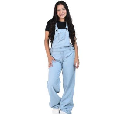 Imagem de jardineira calça macacão jeans feminina pantalona juvenil menina estil