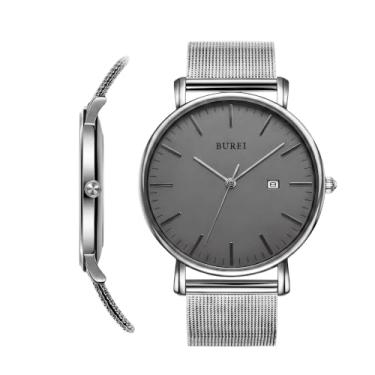 Imagem de BUREI Relógio de pulso masculino moderno, minimalista, totalmente preto, à prova d'água, simples, ultrafino, analógico, quartzo, data com pulseira de malha de aço inoxidável, Cinza, prata, Tendência