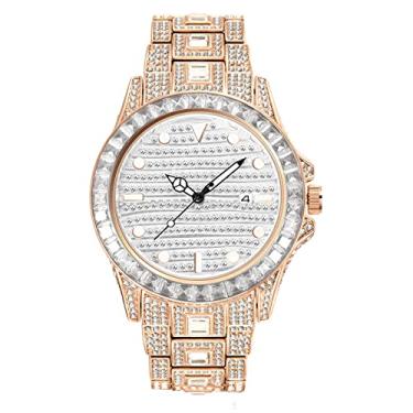 Imagem de Relógio de pulso masculino moderno de diamante analógico, quartzo, mostrador de data, vestido de negócios, pulseira de aço inoxidável à prova d'água, relógio luminoso, ouro rosa