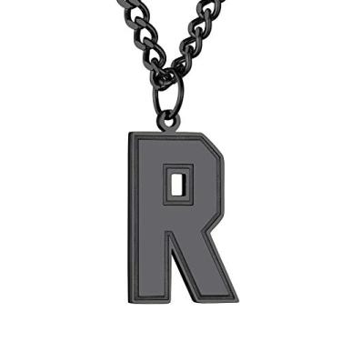 Imagem de Colar com letra inicial GoldChic masculino, aço inoxidável/banhado a ouro 18 K/preto banhado a ródio SablonUp Jersey Athletes Alfabeto colar com corrente cubana ajustável de 4 mm 55,88