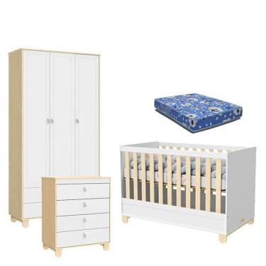 Imagem de Quarto de Bebê 3 Portas Rope Natural Branco Acetinado com Colchão - Matic