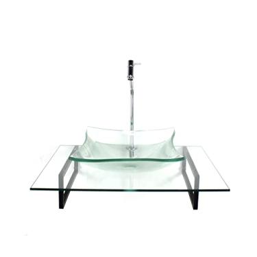 Imagem de KIT CUBA DE VIDRO QUADRADA INCOLOR COM TAMPO 60CM INCOLOR E SUPORTE PRETO