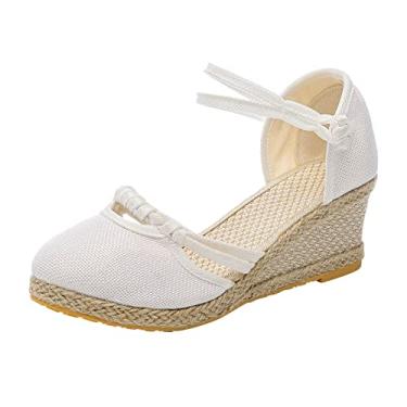 Imagem de Chinelo feminino casual verão moda fivela tira no tornozelo chinelos para mulheres dedo aberto dedo plano sandálias femininas, Branco, 10