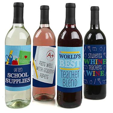 Imagem de Apreciação do professor Big Dot of Happiness - Presentes para o primeiro dia de escola para mulheres e homens - Adesivos de etiqueta para garrafa de vinho - Conjunto com 4, Teacher Colorful Wine Labels