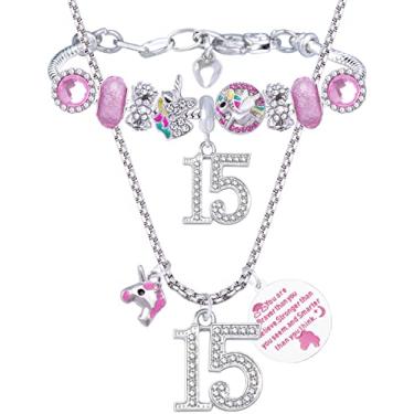 Imagem de 15º aniversário, presentes de aniversário de 15 anos para meninas, pulseira de pingente de aniversário de 15 anos, colar de aniversário de 15 anos, joias de aniversário de 15 anos para meninas, presentes de aniversário de 15 anos para meninas adolescentes, Large, Metal