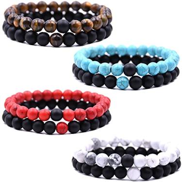 Imagem de HYHONEY Conjunto de 4 pulseiras com contas para casais, para casais, para ele e para ela, 8 mm, pedras naturais, para casais, pulseiras de longa distância, pulseiras elásticas para mulheres e homens, pulseiras combinando, Pedra