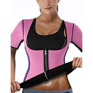Imagem de DoLoveY Colete feminino para sauna com mangas neoprene fitness camisa de treino modelador corporal regata esportiva, rosa, GG
