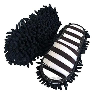 Imagem de Fenteer Lazy Mop Chinelos, prático masculino feminino bico lavável esfregão de limpeza de microfibra para banheiro polir o chão, preto branco