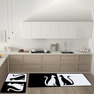 Imagem de Tapetes de cozinha pretos e brancos com silhueta de gatos antiderrapante conjunto de 2 tapetes de cozinha, tapete confortável antifadiga para sala de jantar, lavanderia, escritório