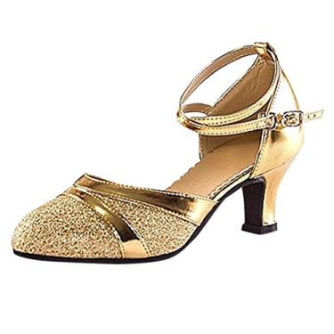 Imagem de Sandálias de palha femininas plataforma de salão tango latino salsa dança sapatos de lantejoulas sapatos de dança social, Dourado, 6.5