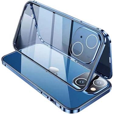 Imagem de IRJFP Capa de telefone de vidro temperado transparente HD dupla face, para Apple iPhone 14 Plus capa de 6,7 polegadas 2022 magnética [estrutura de pára-choques de metal] capa de vidro (cor: azul)