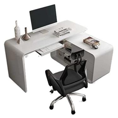 Imagem de GRFIT Mesa de computador moderna e elegante multifuncional mesa de canto branca com estantes e gavetas mesa de trabalho para laptop mesa de escrita com bandeja de teclado mesa de PC