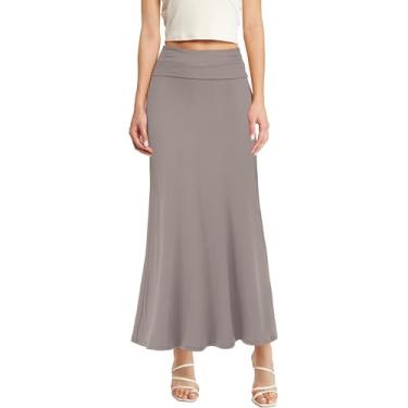Imagem de Hybrid & Company Saia maxi feminina elástica leve e rodada – casual dobrável sobre a cintura, feita nos EUA, Cinzento-acastan, M