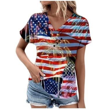 Imagem de Camisetas femininas de verão modernas com botões e gola V, plus size, sexy, para treino, manga curta, estampa floral, camisetas folgadas, K#_vermelho, G