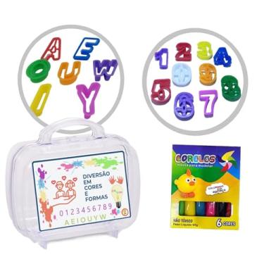 Imagem de Kit Maleta Acrílica Caixa de Massinha Modelar 6 Cores Forminhas Moldes Cortadores Mimos Brinquedos Nacional (Vogais e Números)
