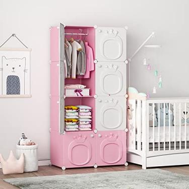 Imagem de MAGINELS Guarda-roupa infantil, organizador de armários para bebês meninas com porta. Área de fantasia infantil pendurada aberta e armazenamento de 6 cubos. Rosa (71 x 35 x 142 cm)