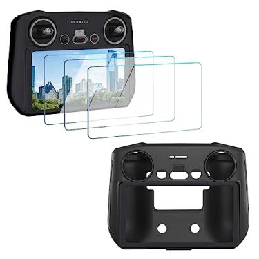 Imagem de HUADU Protetor de tela (3 + 1 pacote) compatível com DJI Mini 3/Mini 3 Pro, controle remoto Mavic 3 RC, filme de vidro temperado, antiarranhões, alta definição, cobertura total e capa protetora de