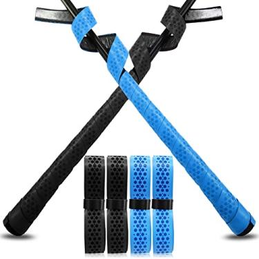 Imagem de VEASAERS Fita Bat Grip Baseball Softball Pacote 2/4 101,6 cm 1,75 mm Pré-cortada e totalmente adesiva nas costas Fitas Pro Feel Soft Confortável para Alças Antigas de Taco (4 Pçs-Preto + Pontos Azuis)