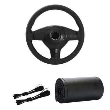Imagem de Kewucn Capa de volante de couro genuíno, protetor universal de volante de carro de 15 polegadas com linha de agulha, capa de volante antiderrapante respirável DIY Stitch on Wrap (preto, brilhante)