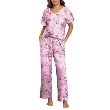 Imagem de iChunhua Conjunto de pijama confortável para mulheres, manga com babados, gola canoa, com calça floral e pernas largas, conjunto de pijama macio, rosa, G
